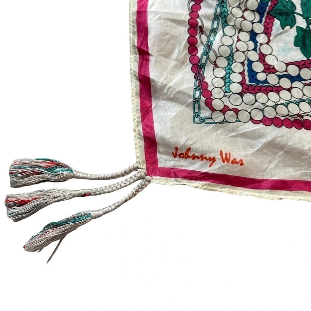 Johnny Was Large Silk Floral scarf shawl square Cover up oversized tassels pearl